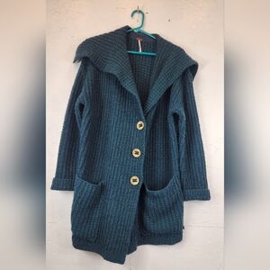 Free People Sweater Cardigan Collared Green Wool Blend Sweatercoat Cozy Small